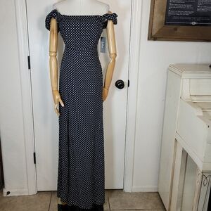 Lulu's Dot Of You Navy Blue Polka Dot Off Shoulder Maxi Dress Sz S